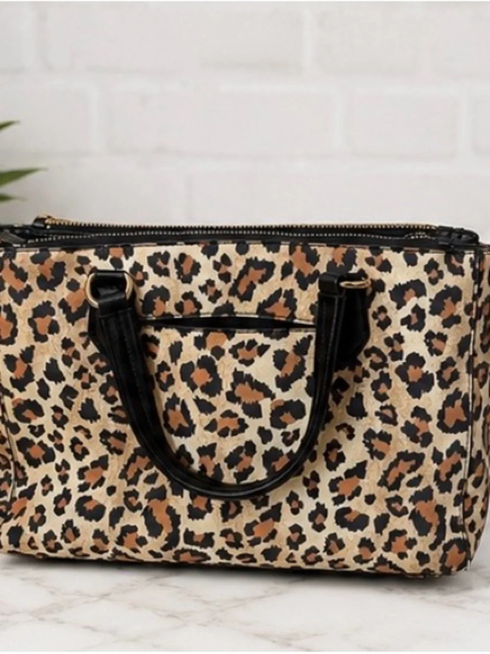 On 34th Leopard Print Satchel Tote Handbag Black Trim Gold Hardware